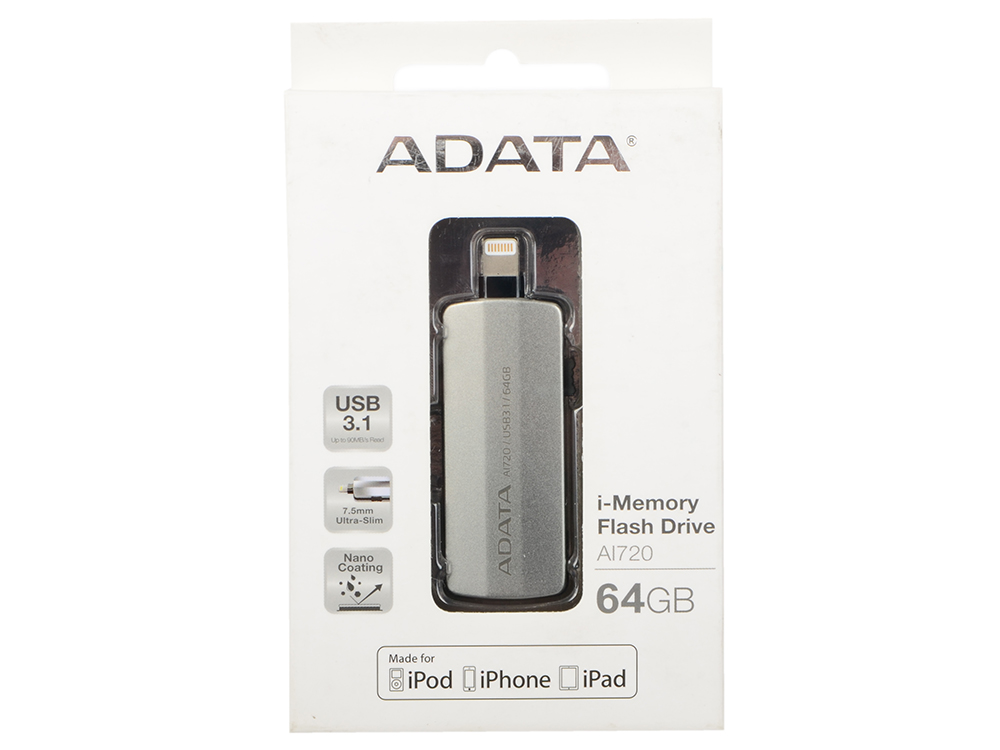 USB флешка A-Data i-Memory AI720 64GB Space Gray (AAI720-64G-CGY) USB 3.1, Lighning / 90 МБ/cек / 20 МБ/cек