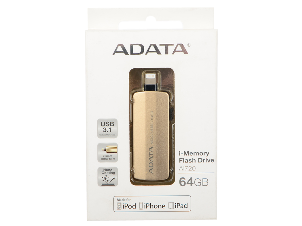 

Флешка USB 64Gb A-Data i-Memory AI720 USB 3.1/Lightning AAI720-64G-CGD золотистый