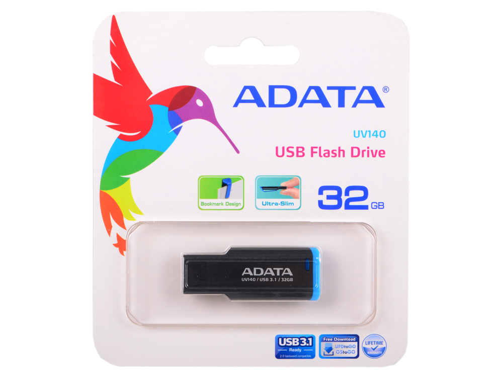 

Внешний накопитель 32GB USB Drive ADATA USB 3.1 UV140 синий зажим AUV140-32G-RBE