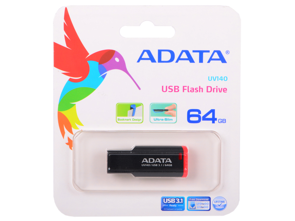 

Внешний накопитель 64GB USB Drive ADATA USB 3.1 UV140 красный зажим AUV140-64G-RKD