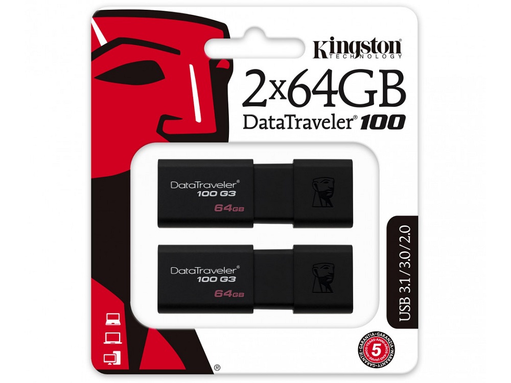 

USB флешка Kingston DataTraveler 100 G3 64Gb Black (DT100G3/64GB-2P) USB 3.0 / 100 Мб/с / 10 Мб/с