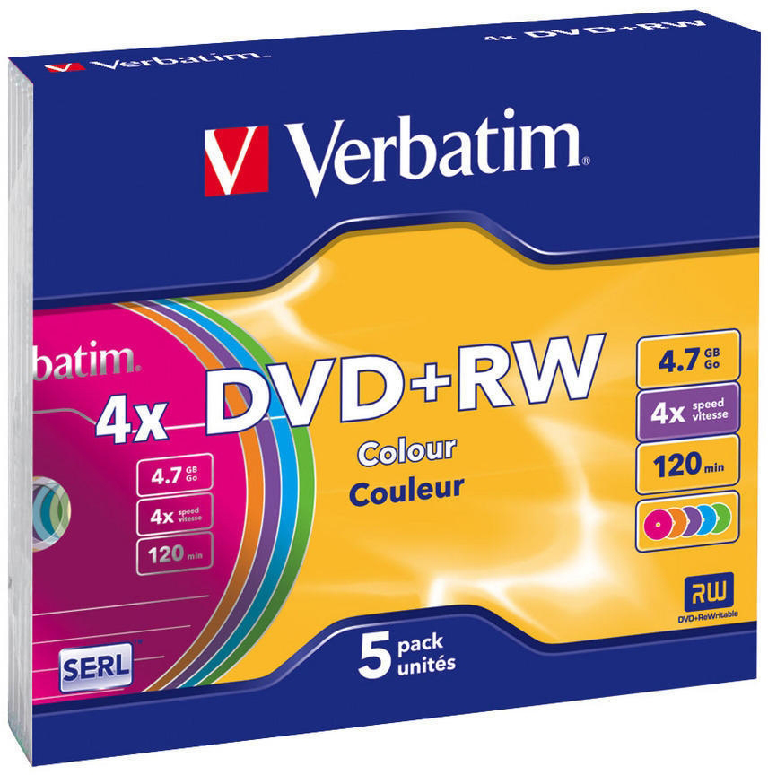 

Диски DVD+RW 4.7Gb Verbatim 4x 5 шт Slim Сolor <43297>