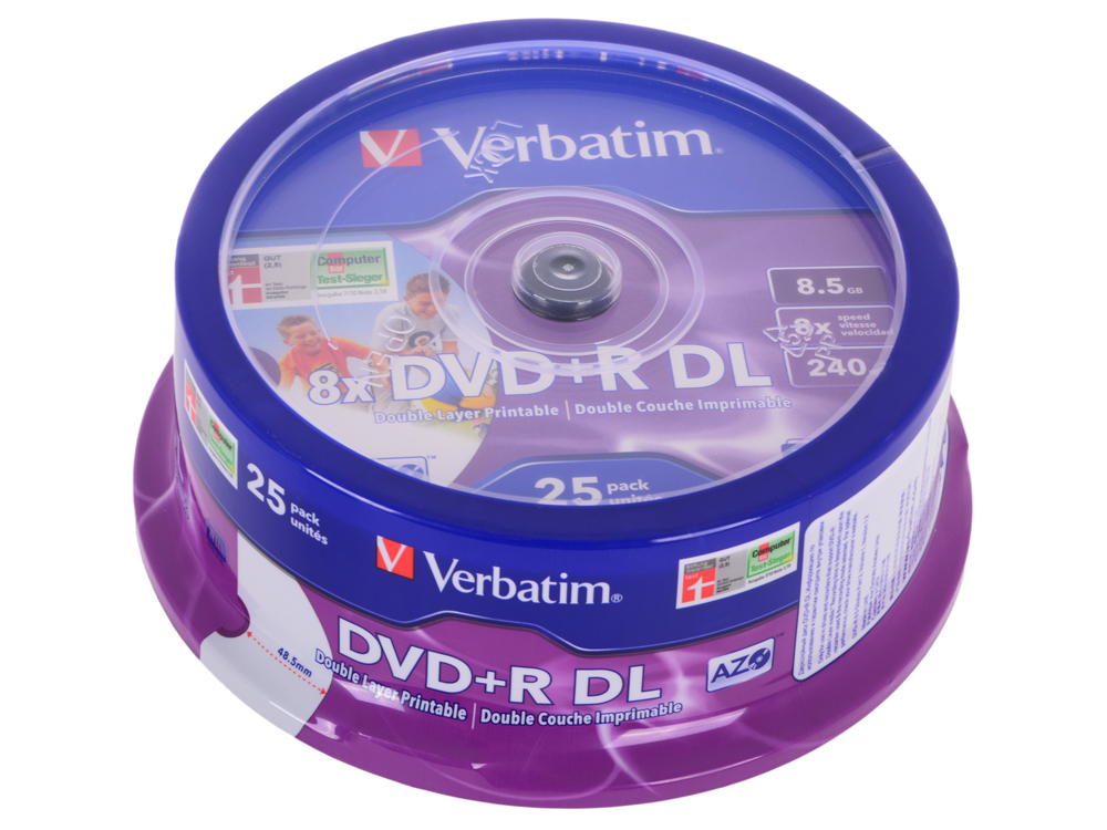 

DVD+R Verbatim 8.5Gb 8x Dual Layer 25шт Cake Box Printable