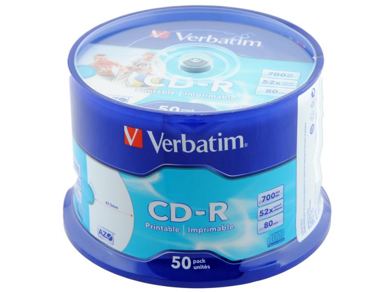 

Диски CD-R Verbatim 700Mb 52x CakeBox 50шт Printable 43438