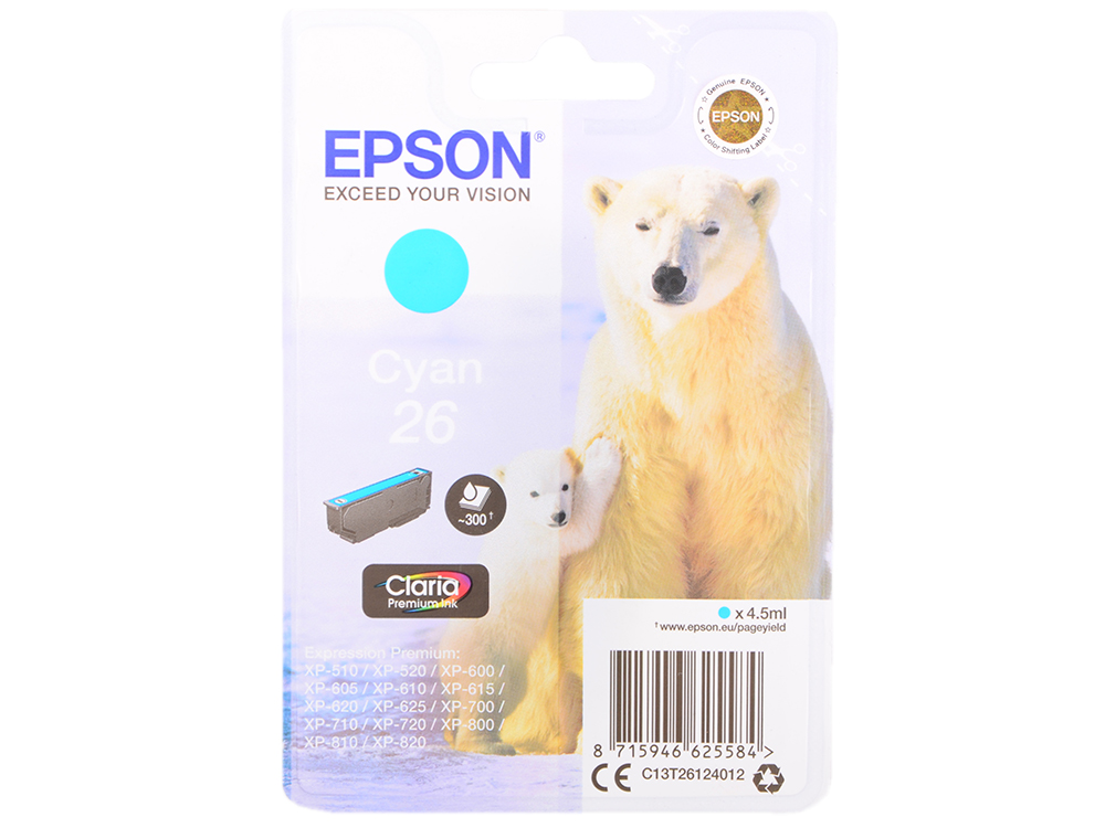 Картридж Epson C13T26124012 голубой (cyan) 300 стр для Epson Expression Premium XP-600/605/700/710/800/820