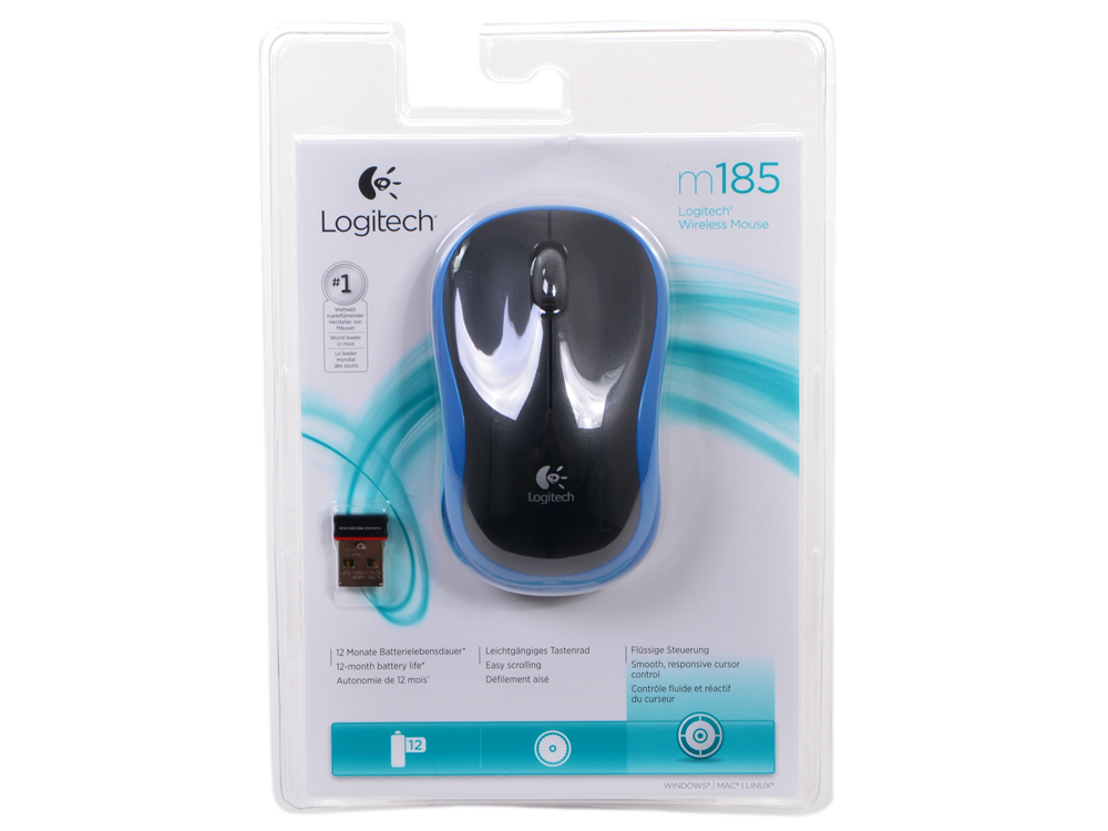 Мышь беспроводная Logitech M185 Black/Blue USB(Radio) оптическая, 1000 dpi, 2 кнопки + колесо