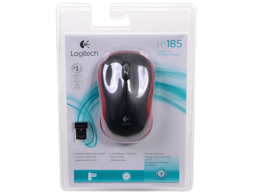 Мышь беспроводная Logitech M185 Black/Red USB(Radio) оптическая, 1000 dpi, 2 кнопки + колесо