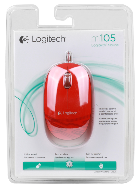 Мышь Logitech M105 Red USB проводная, оптическая, 2 кнопки + колесо