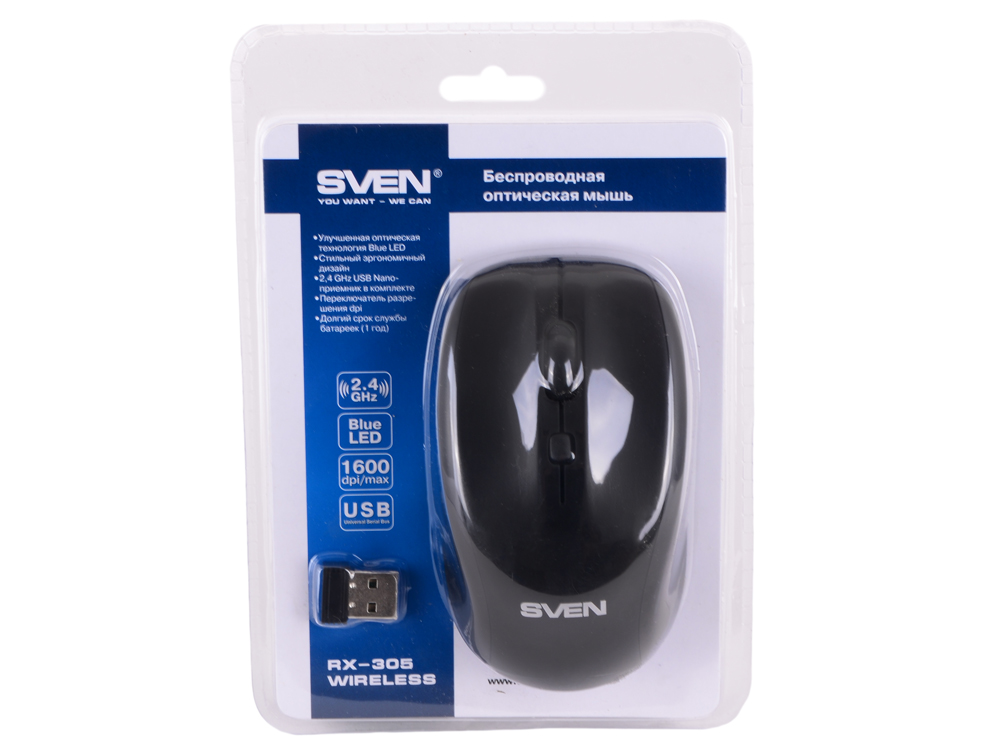 Мышь беспроводная Sven RX-305 Black USB(Radio) оптическая, 1600 dpi, 3 кнопки + колесо