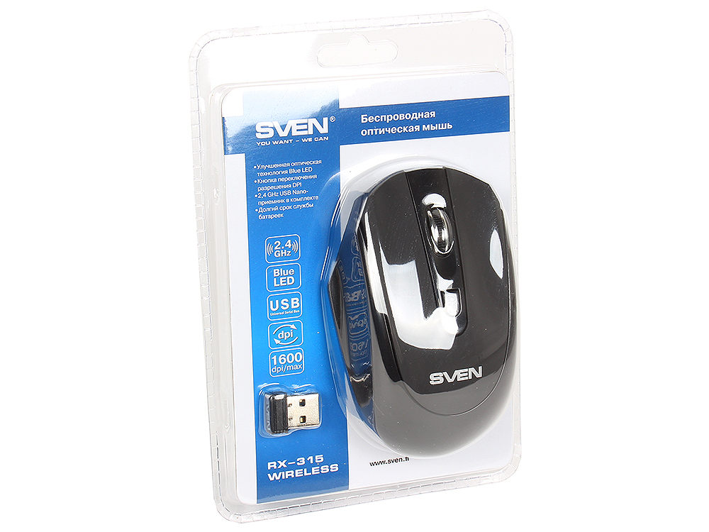 

Беспроводная мышь SVEN RX-315 Wireless черная, BlueLED, 3+1(колесо прокрутки), 800/1200/1600 dpi, симметричная