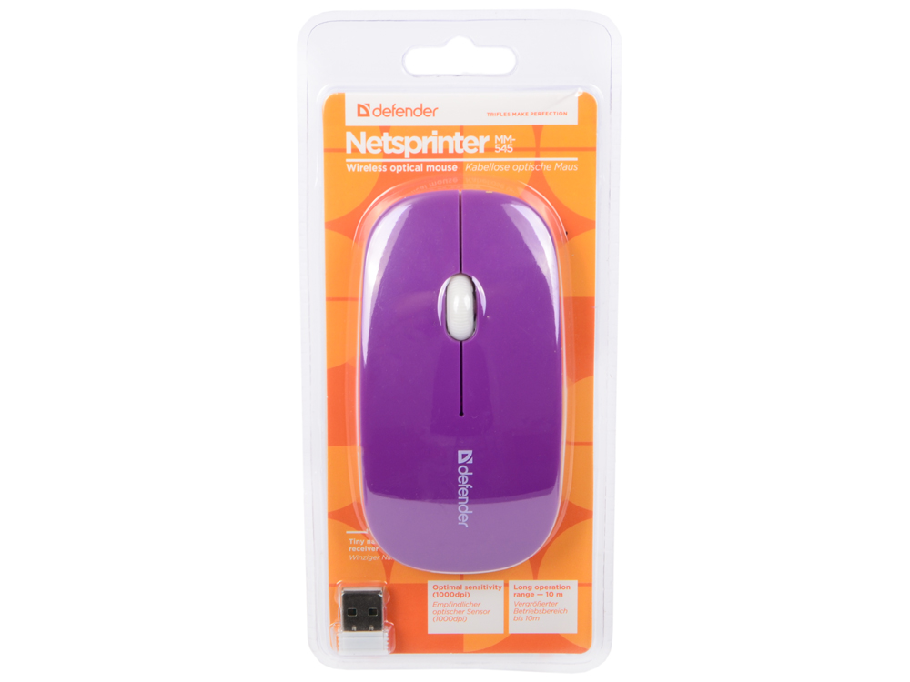 

Мышь беспроводная DEFENDER NetSprinter MM-545 фиолетовый белый USB