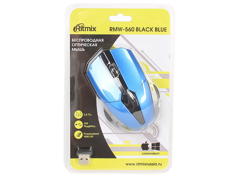 Мышь беспроводная Ritmix RMW-560 Black/Blue USB(Radio) оптическая, 1000 dpi, 2 кнопки + колесо