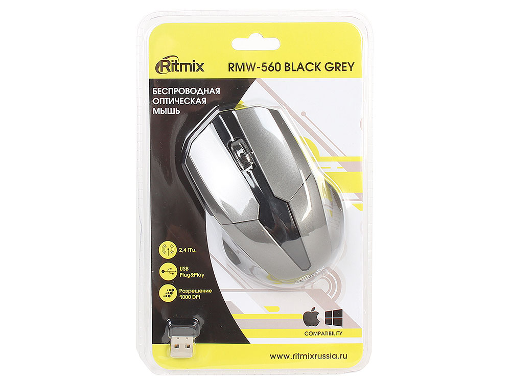 

Мышь беспроводная Ritmix RMW-560 Black/Grey USB(Radio) оптическая, 1000 dpi, 2 кнопки + колесо