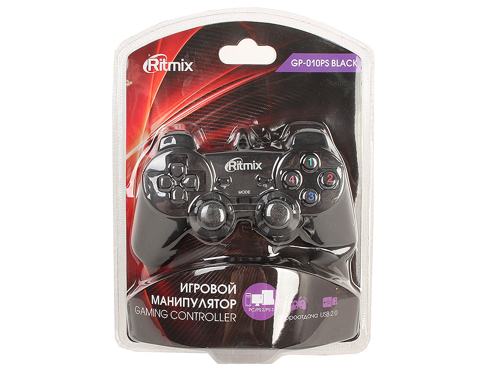 

Геймпад RITMIX GP-010PS Black для ПК/PS2-3, USB+PS коннектор, 2 вибромотора, 17 кнопок, кабель 1,5м