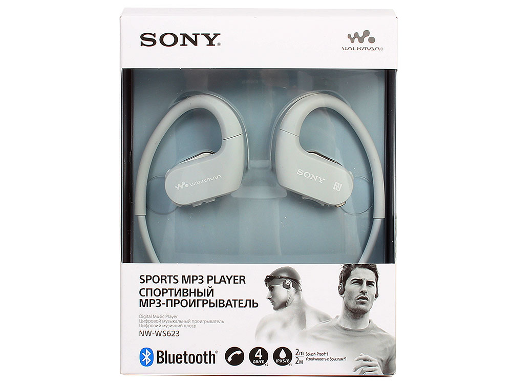 

Плеер Sony NW-WS623 Белый водонепроницаемый спортивный mp3-плеер, 4Гб, до 12 часов работы, работа в солёной и мыльной воде, не боится песка и пыли