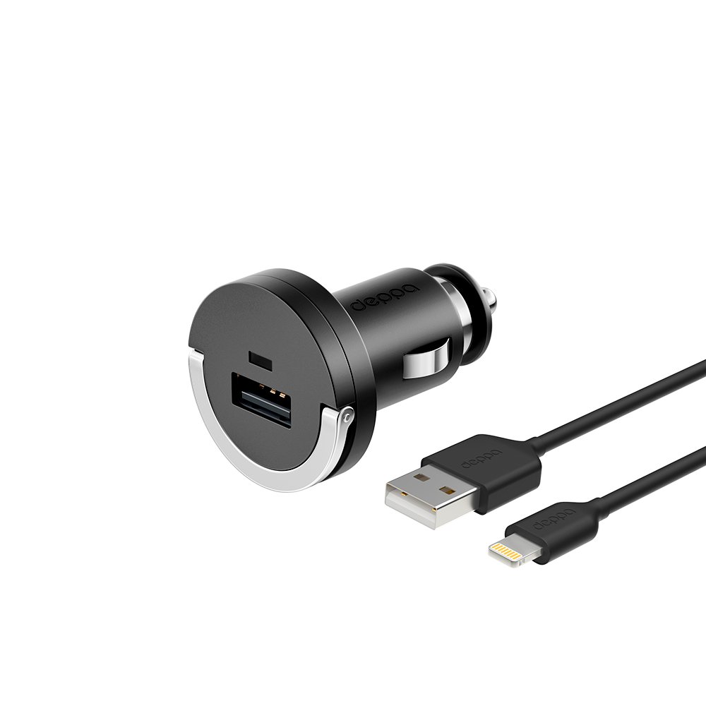 Автомобильное зарядное устройство Deppa USB 1А, дата-кабель Lightning (MFI), черный, Ultra