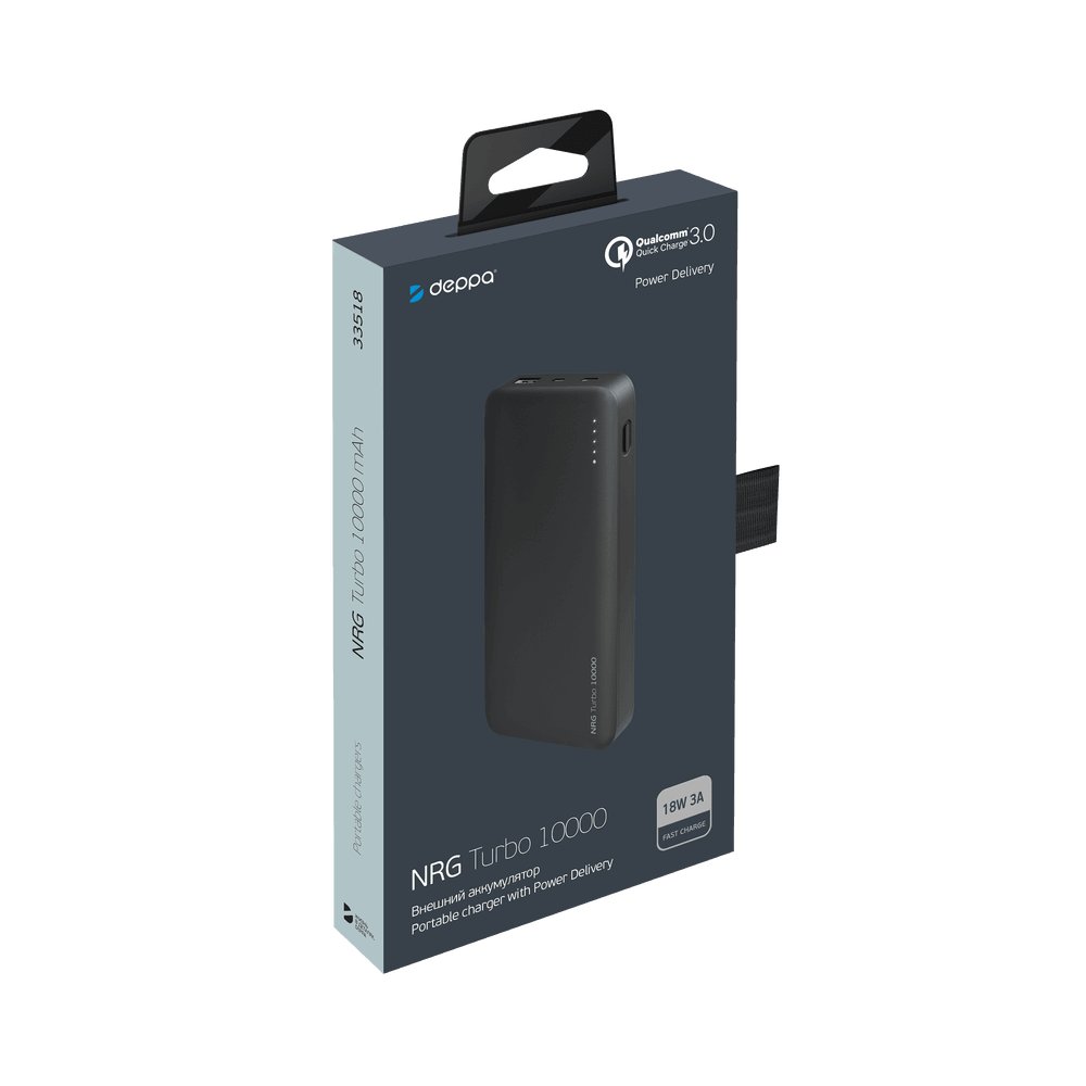 

Внешний аккумулятор Deppa NRG Turbo 10000 mAh, 18W, 3A, PD, QC3.0, FCP, Type-C, черный