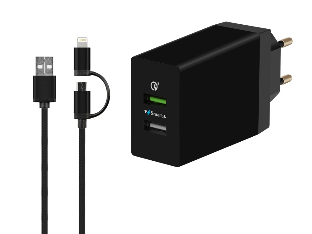 

Сетевое зарядное устройство (2 USB, QC 3.0, Smart Charge+кабель 8pin/microUSB-USB) DF Tor-03