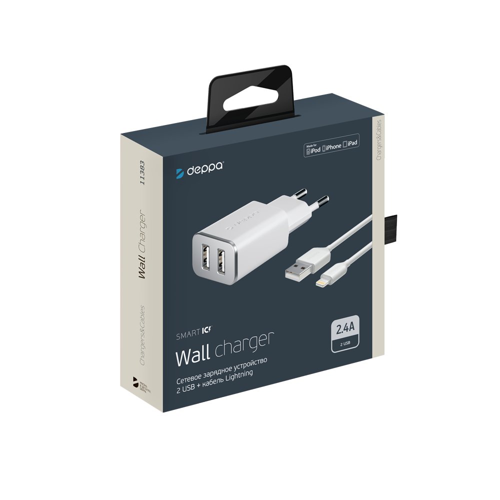 Сетевое зарядное устройство Deppa 2 USB 2.4А + кабель Lightning, MFI, белый