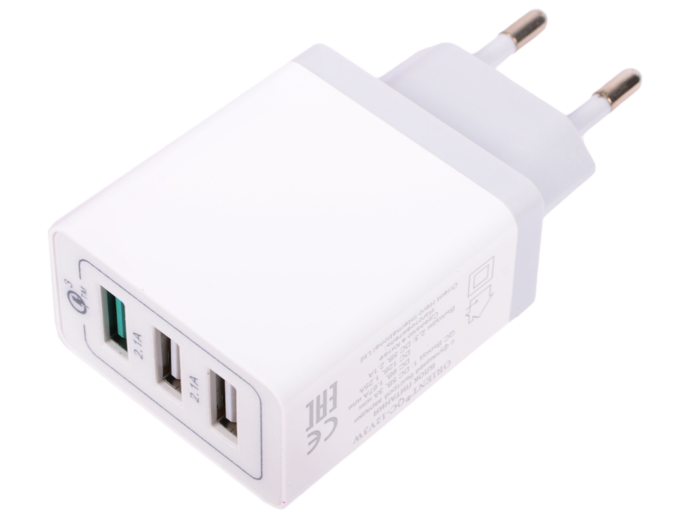 

Зарядное устройство/адаптер питания USB от эл.сети ORIENT QC-12V3W Quick Charge 3.0, 3 x USB: QC выход - 5В,3.0A или 9В,1.67А или 12В,1.25А; Белый