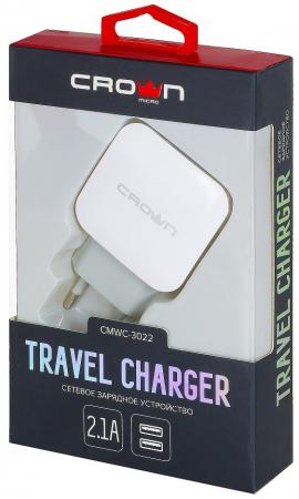 Crown CMWC-3022 Сетевое универсальное зарядное устройство, два порта зарядки; входное напряжение 100 сетевое зарядное устройство crown cmwc 3042 2xusb 2 4a черное