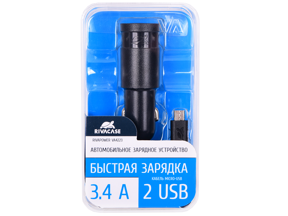 

Автомобильное зарядное устройство RIVAPOWER VA4223 BD1 черное 3,4A / 2USB, с кабелем Micro USB