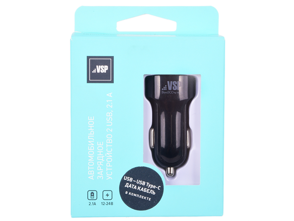 

Автомобильное зарядное устройство BoraSCO 2 USB, 2,1A + витой дата-кабель Type-C, 2А, 2м, черн
