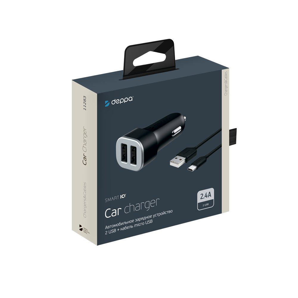 Автомобильное зарядное устройство Deppa 2 USB 2.4А + кабель micro USB, черный