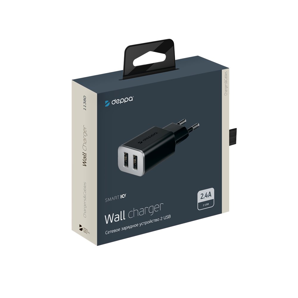 Сетевое зарядное устройство Deppa 11380 2 USB 2.4А, черный