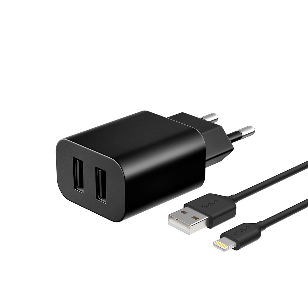 Сетевое зарядное устройство Deppa 2 USB 2.1А, дата-кабель Lightning (MFI), черный, Ultra