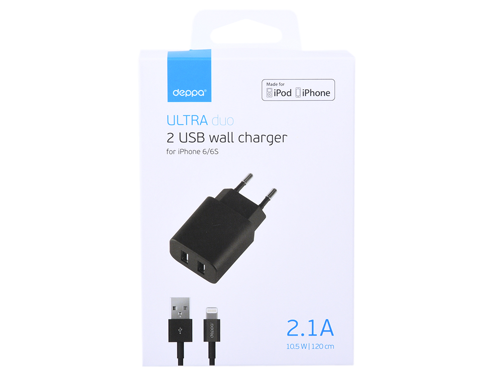 

Зарядное устройство USB Deppa 11355 черный 2xUSB, 2.1А, дата-кабель Lightning (MFI)