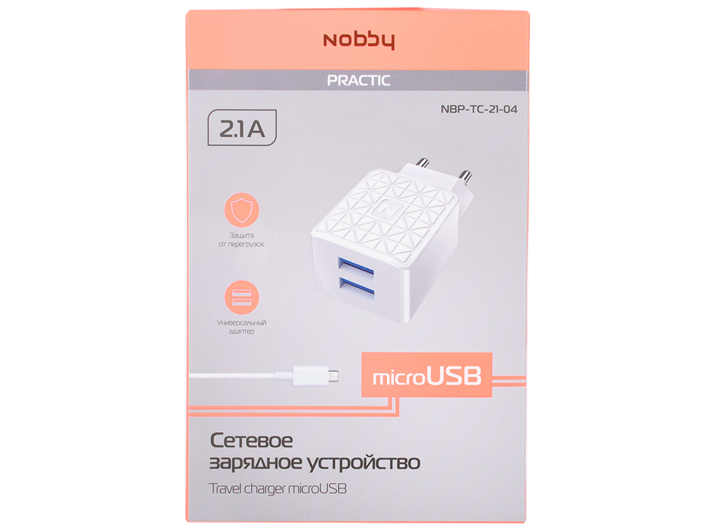 

Сетевое зарядное устройство Nobby Practic NBP-TC-21-04 белый 2USB, 2.1А, кабель micro-USB