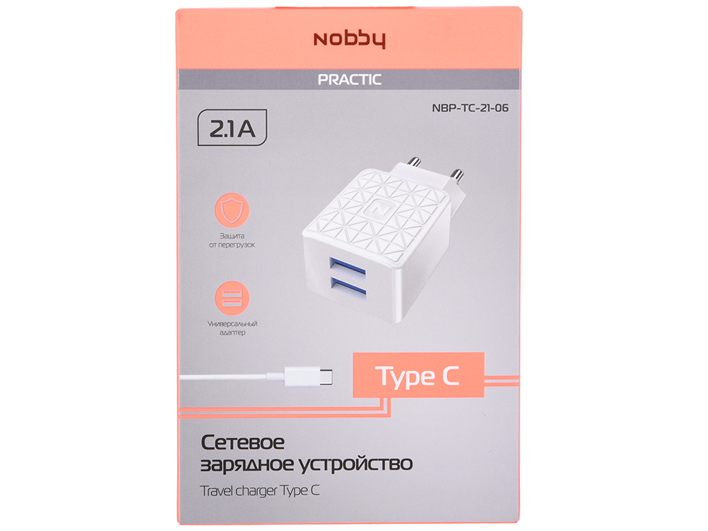 

Сетевое зарядное устройство Nobby Practic NBP-TC-21-06, белый 2xUSB, 2.1А, кабель Type-C