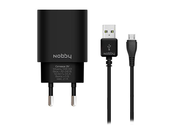 Сетевое зарядное устройство Nobby Comfort 08-001 черный 2xUSB, 2,1А (1/1А) + кабель microUSB 1,2 м