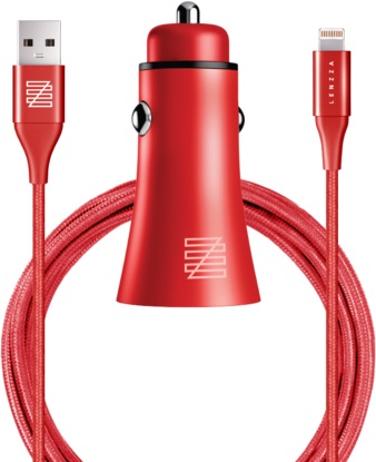 Автомобильное зарядное устройство LENZZA Razzo Metallic Car Charger. Два порта USB 5В, 2,1А. В комплекте: кевларовый кабель Lightning to USB Cable. Цвет красный.