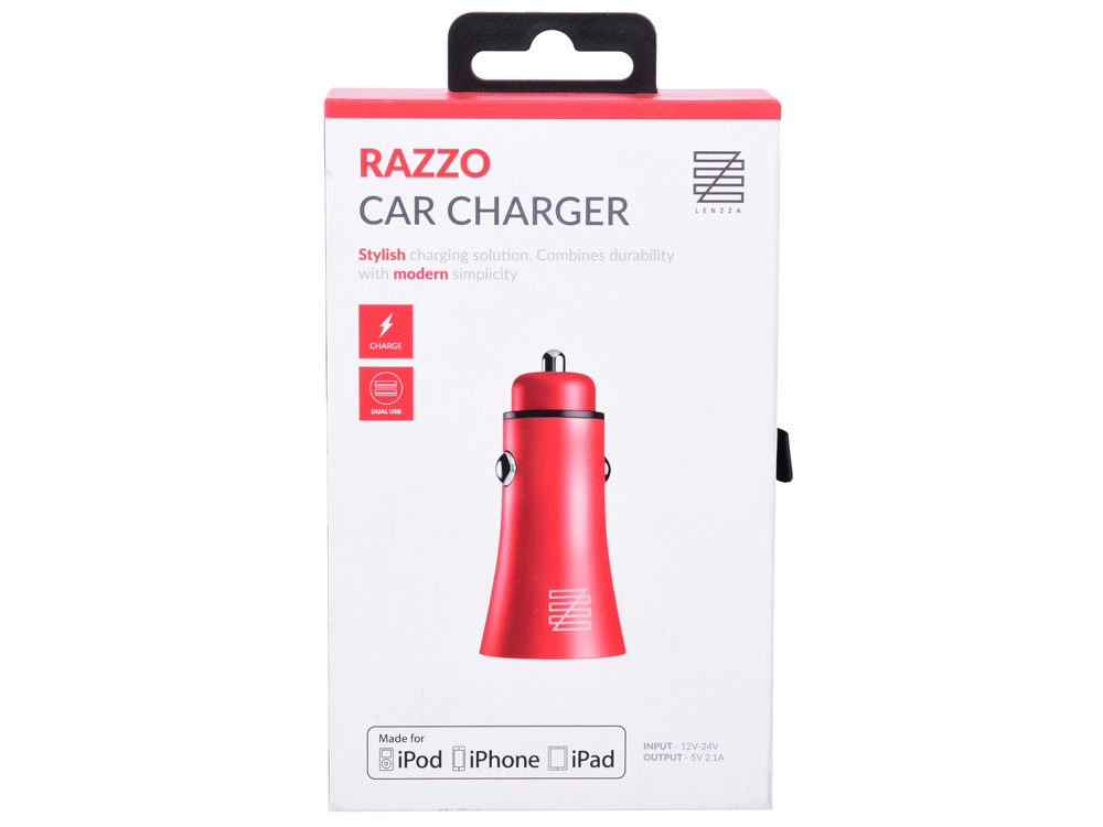 Автомобильное зарядное устройство LENZZA Razzo Metallic Car Charger. Два порта USB 5В, 2,1А. Цвет красный.