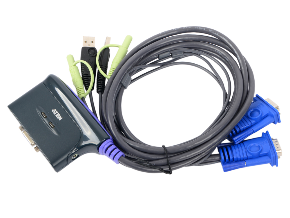 Переключатель KVM ATEN CS62US-A7 KVM+Audio,  1 user USB+VGA =  2 cpu USB+VGA, со встр.шнурами USB 2x0.9м., 2048x1536, настол., исп.стандарт.шнуры, бе
