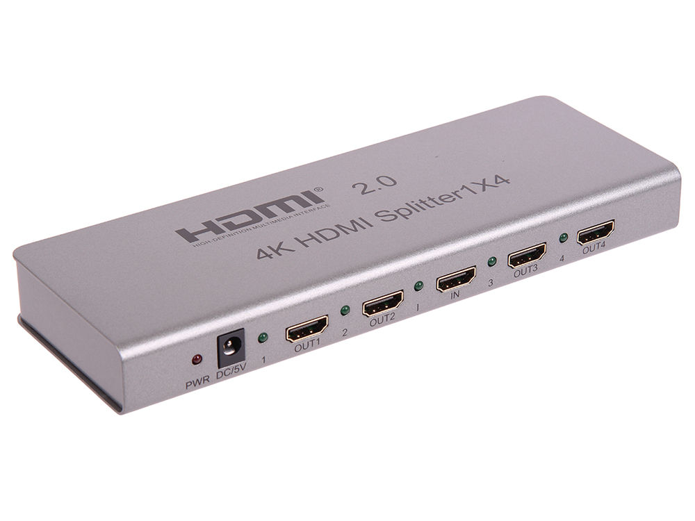 Разветвитель HDMI 4K Splitter ORIENT HSP0104H-2.0, 1->4, HDMI 2.0/3D, UHDTV 4K/ 60Hz (3840x2160)/HDTV1080p, HDCP2.2, EDID управление, RS232 порт, IR вход, внешний БП 5В/2А, метал.корпус 30466 - фото 1