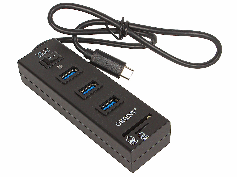 

Концентратор USB 3.0 ORIENT JK-331, Type-C HUB 3 Ports + SD/microSD CardReader, выкл., черный, кабель тип С