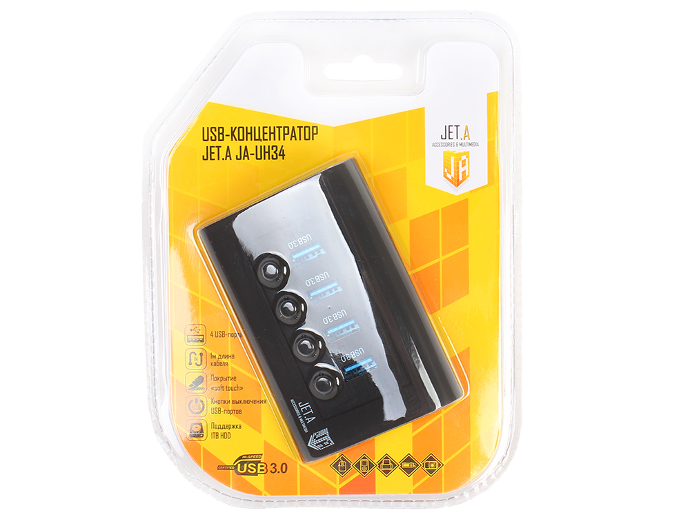 

USB-концентратор Jet.A JA-UH34 на 4 порта USB 3.0, с выключателями портов, чёрный