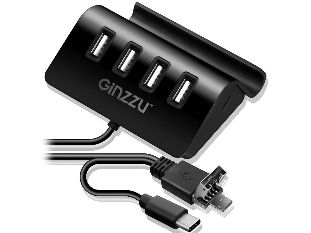 

Концентратор Ginzzu GR-519UB 4-х портовый OTG Type C/microUSB /USB 2.0, подставка для планш//смартф. Итерф. кабель - 40 см, порт microUSB для доп. п