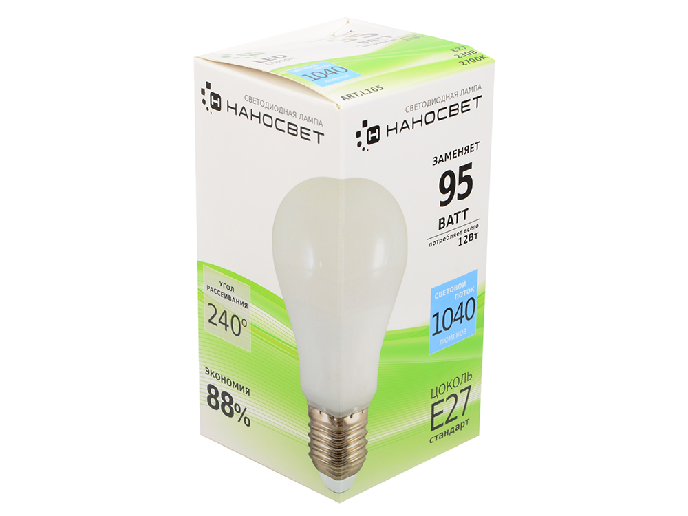 

Светодиодная лампа НАНОСВЕТ E27/827 EcoLed L165 12Вт, шар, 1040 лм, Е27, 4000К, Ra80