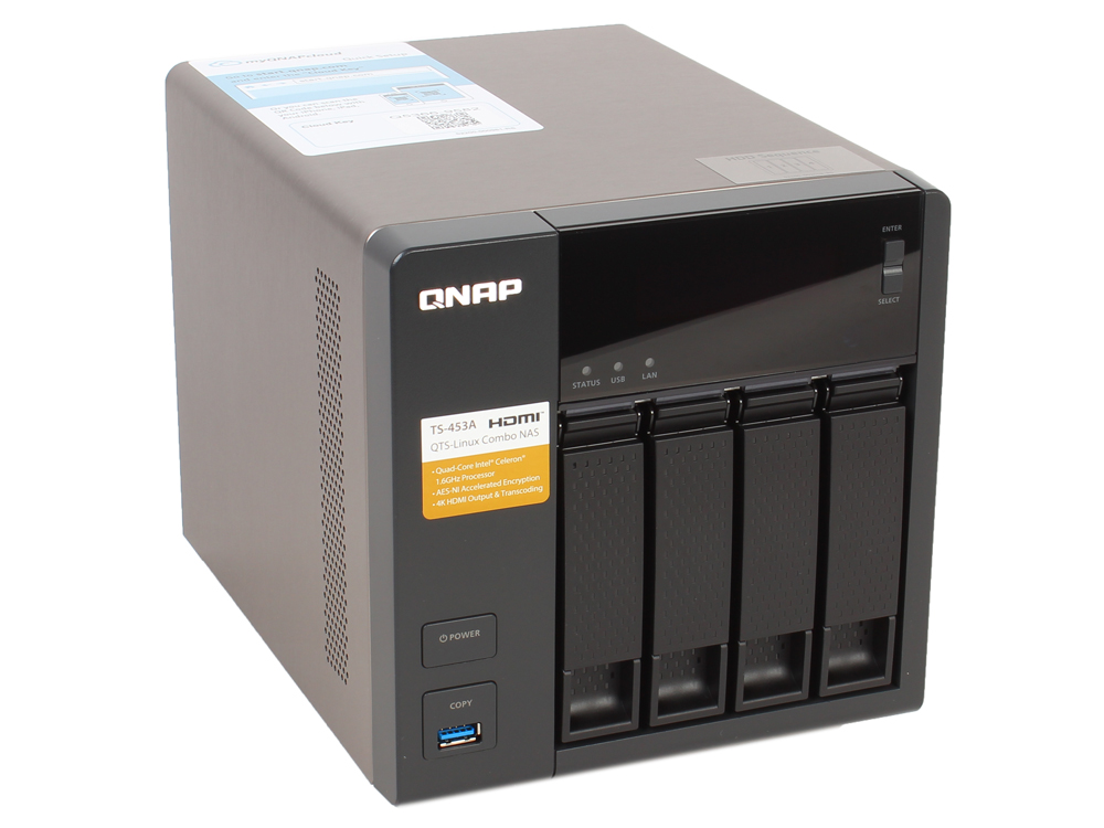 

Сетевой накопитель QNAP TS-453A-8G Сетевой RAID-накопитель, 4 отсека для HDD, HDMI-порт. Четырехъядерный Intel Celeron N3150 1,6 ГГц