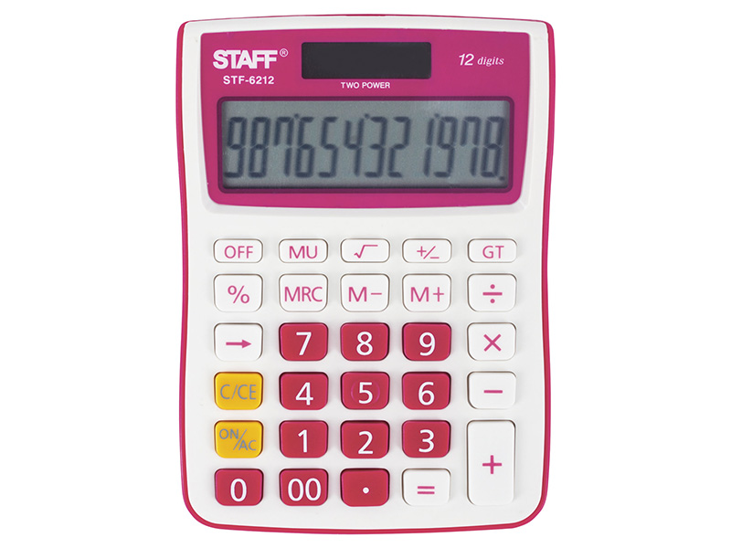 

Калькулятор настольный STAFF STF-6212, КОМПАКТНЫЙ (148х105 мм), 12 разрядов, двойное питание, малиновый