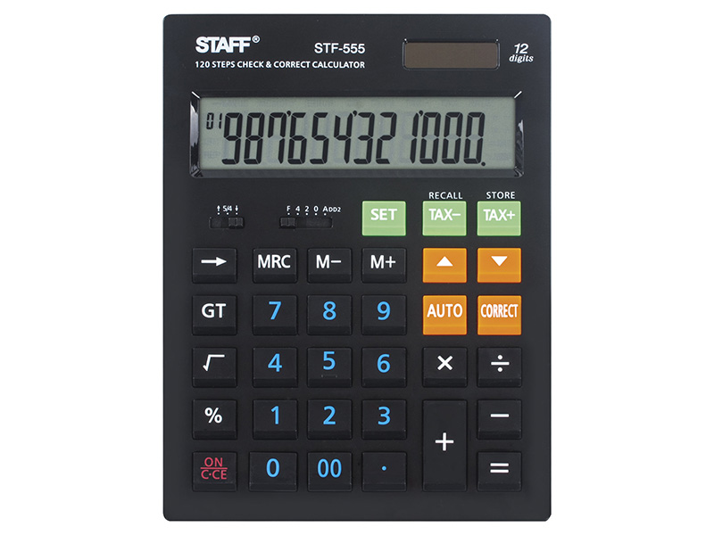 

Калькулятор настольный STAFF STF-555-BLACK, 12 разрядов, CORRECT, TAX, ЧЕРНЫЙ, двойное питание
