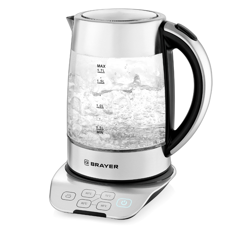 

Чайник электрический BRAYER 1000BR 2200 Вт, 1,7 л, стекл., подст., 60-100 °С, Под. t, сталь