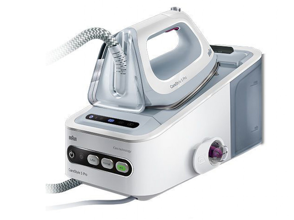 

Утюг с парогенератором Braun IS 5055 WH, 2400Вт, подошва Saphir 3D BackGlide, подача пара 120г/мин, режим Эко, автооткл, противокапля, белый/серый