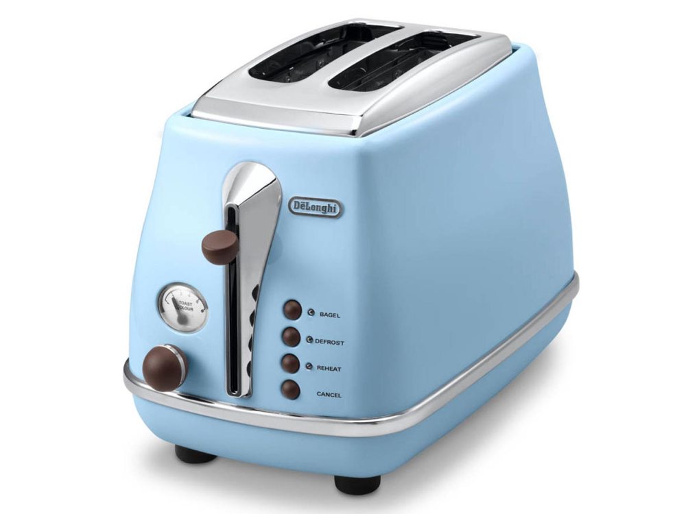 

Тостер DeLonghi CTOV 2003.AZ, 900Вт, на 2 тоста, разморозка, обжаривание, решетка для подогрева, поддон, голубой