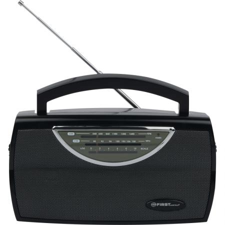 

1904-BA Радиоприемник FIRST AM/FM, выходы AUX/наушники, AC/DC, Моно.Ручка для переноски.Black
