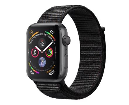 

Apple Watch Series 4, 44 мм, корпус из алюминия цвета «серый космос», спортивный браслет чёрного цве